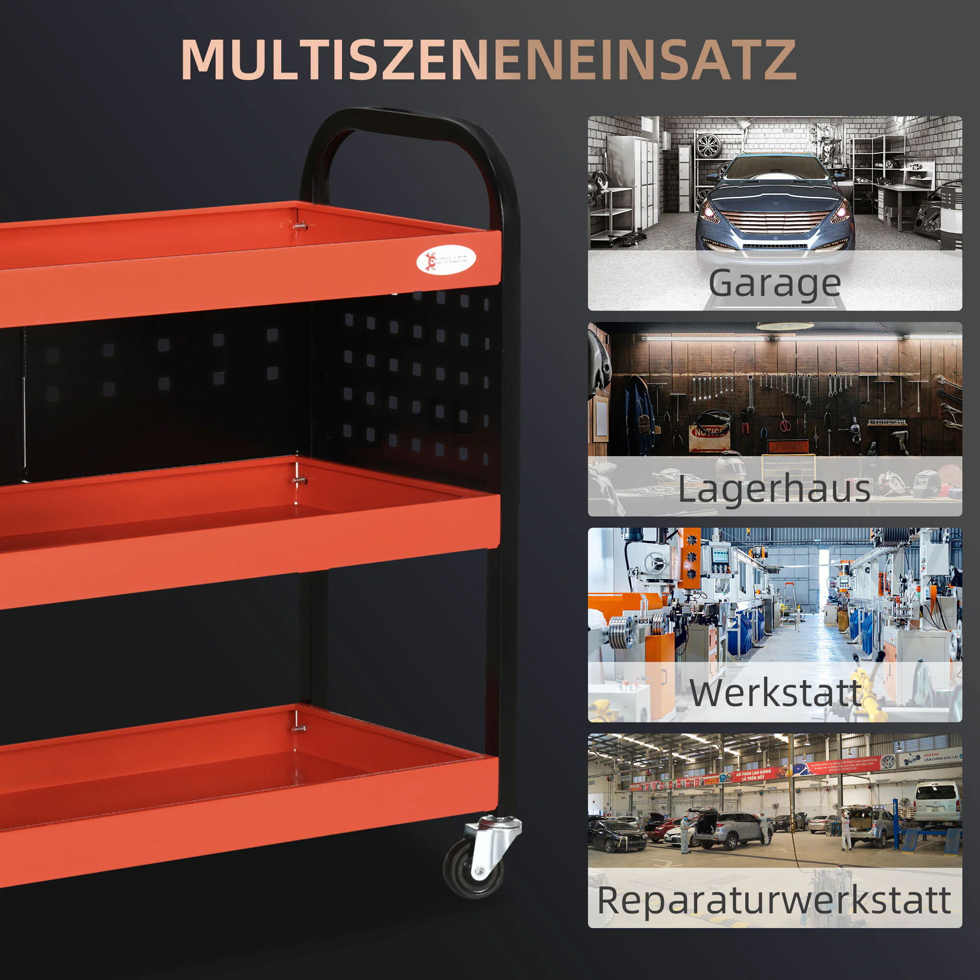 DURHAND Werkstatt-Rollwagen mit 3 Regalen rot 75L x 35B x 80H cm