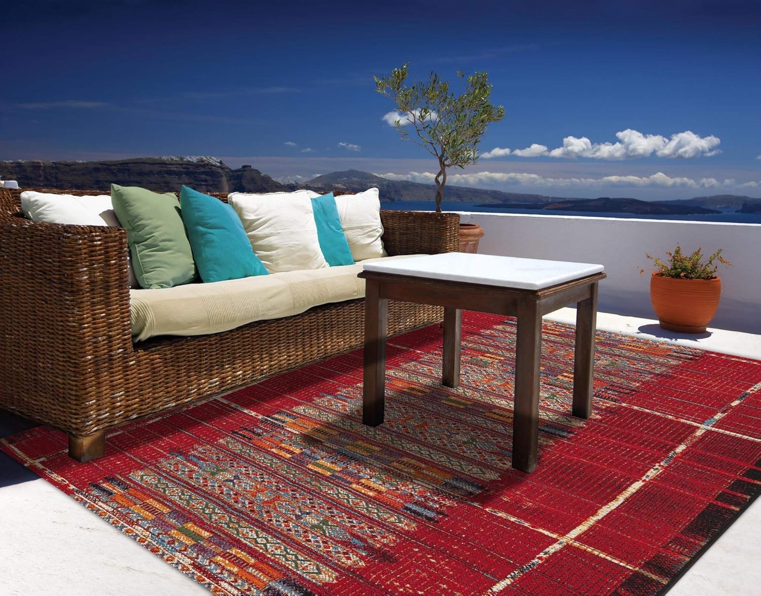 THEKO | Indoor/Outdoor Teppich Aurora Muster | maschinell gewebt | Farbe: Rot | 120 x 180 cm