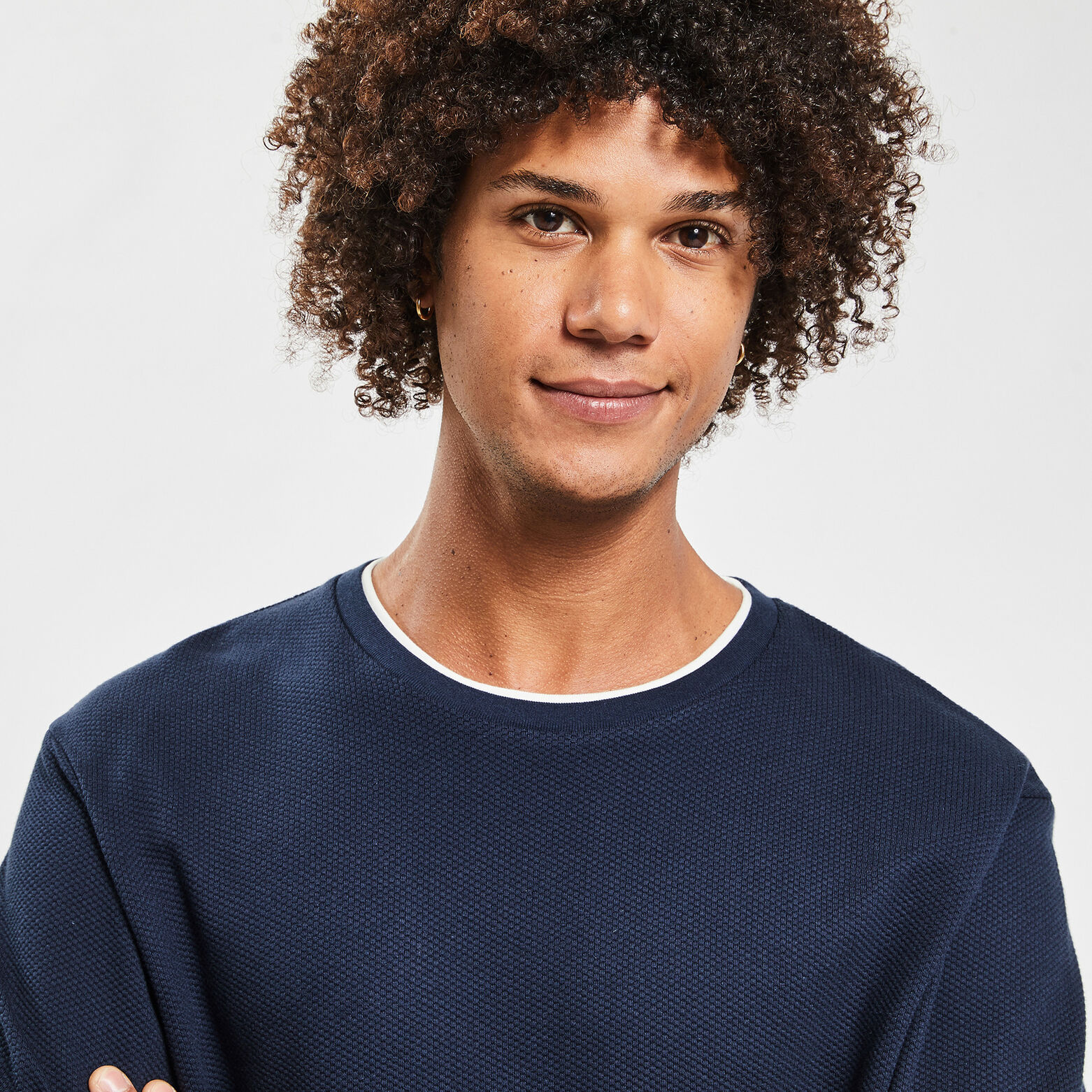 Tee shirt double col matière fantaisie Bleu foncé