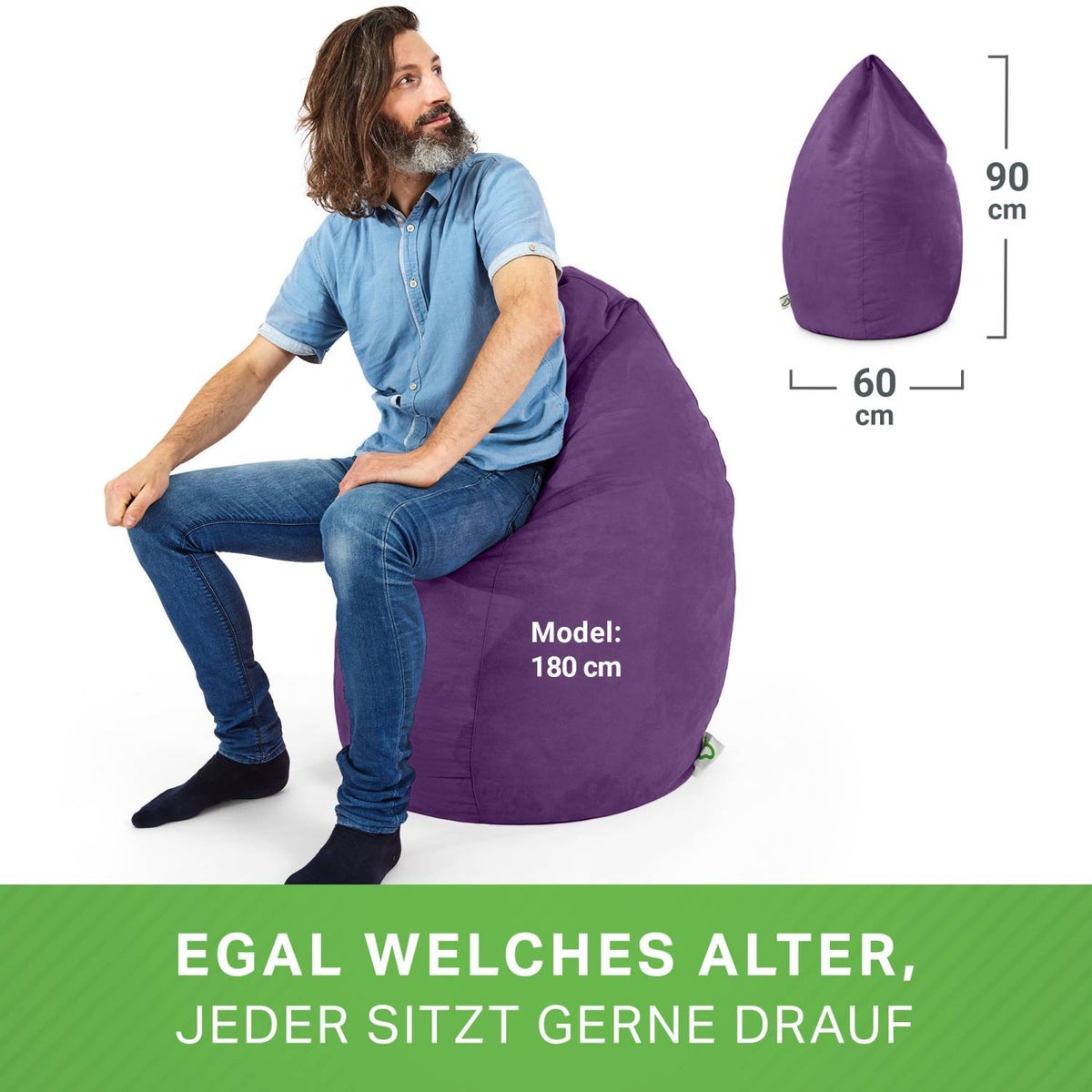 Green Bean zitzak met rugleuning 60x60x90cm - Binnenzitkussen 220L vulling, comfortabel, wasbaar - Zitzak vloerkussen, loungestoel, voetenbank - paars