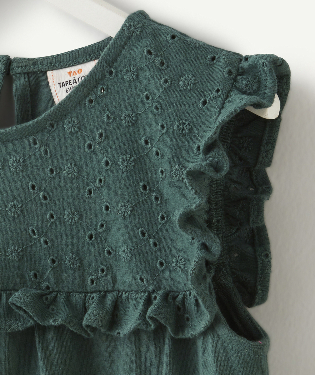 ROBE EN MAILLE FILLE EN COTON VERT FONCÉ AVEC VOLANTS ET BRODERIES