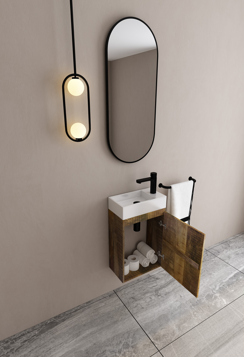MD Interior Bello toiletmeubel mangohout rechts met solid surface fontein rechts
