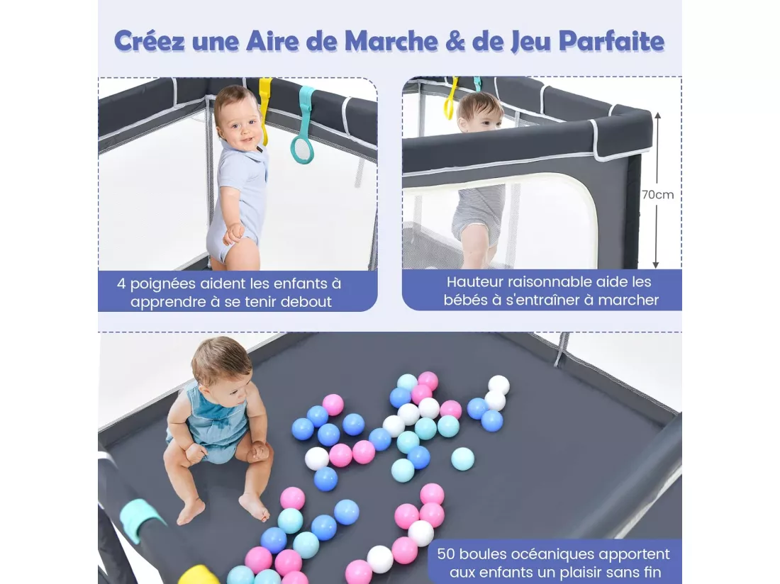 Parc Bébé Pliable 124 x124cm avec Hauteur Scientifique 70cm, Parc de Jeux en Tissu Oxford avec Maille Respirante, 50 Balles Océaniques, 4 Poignées pour Enfants de 10-72 Mois (Gris foncé)
