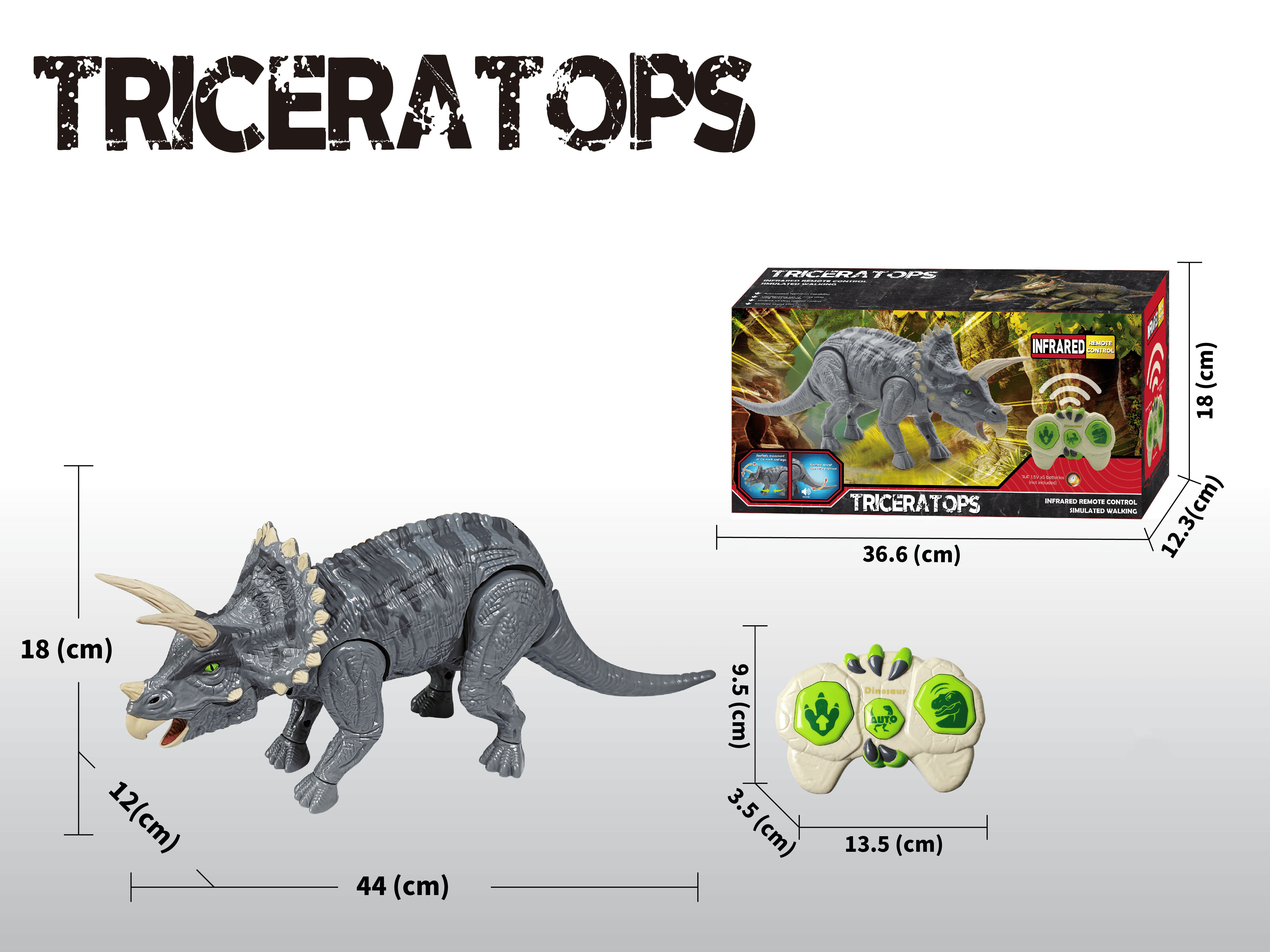 (44x18cm) Ferngesteuertes 2.4GHz RC Spielzeug Dinosaurier mit Sound Effekt inkl. Fernsteuerung (Batteriebetrieben) - Triceratops