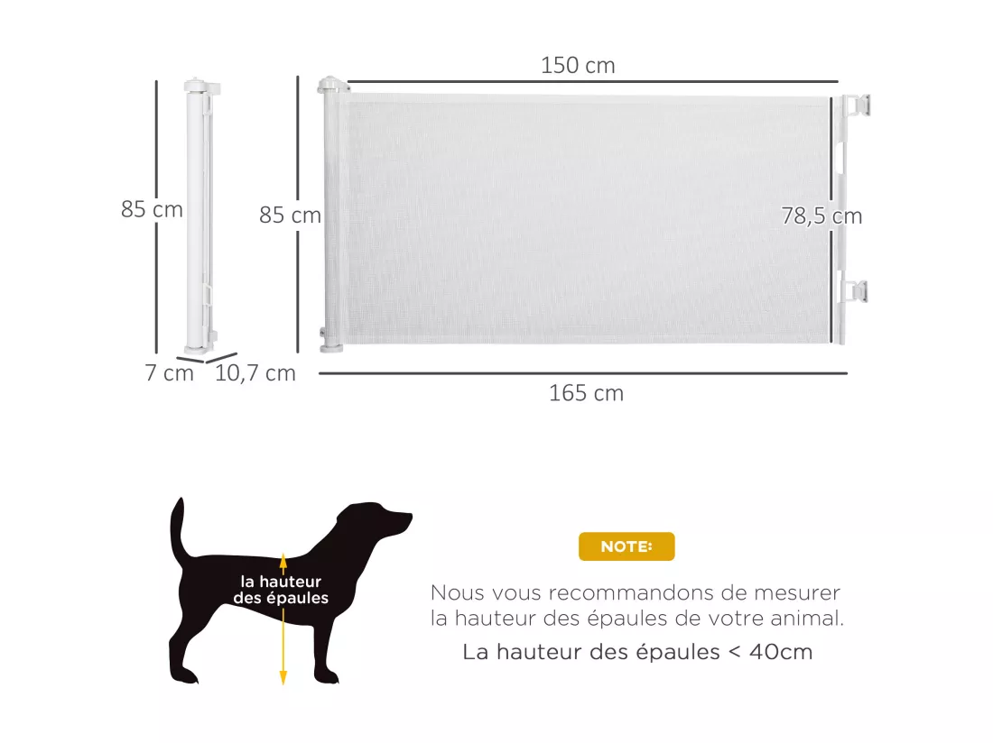 Barrière de sécurité barrière animaux rétractable automatique 1,65L x 0,85H m teslin alu. PVC blanc
