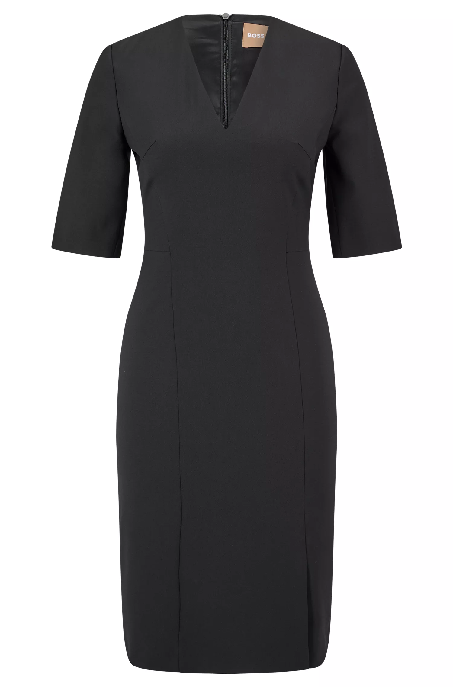 Vestido preto de manga curta BOSS em lã elástica italiana.