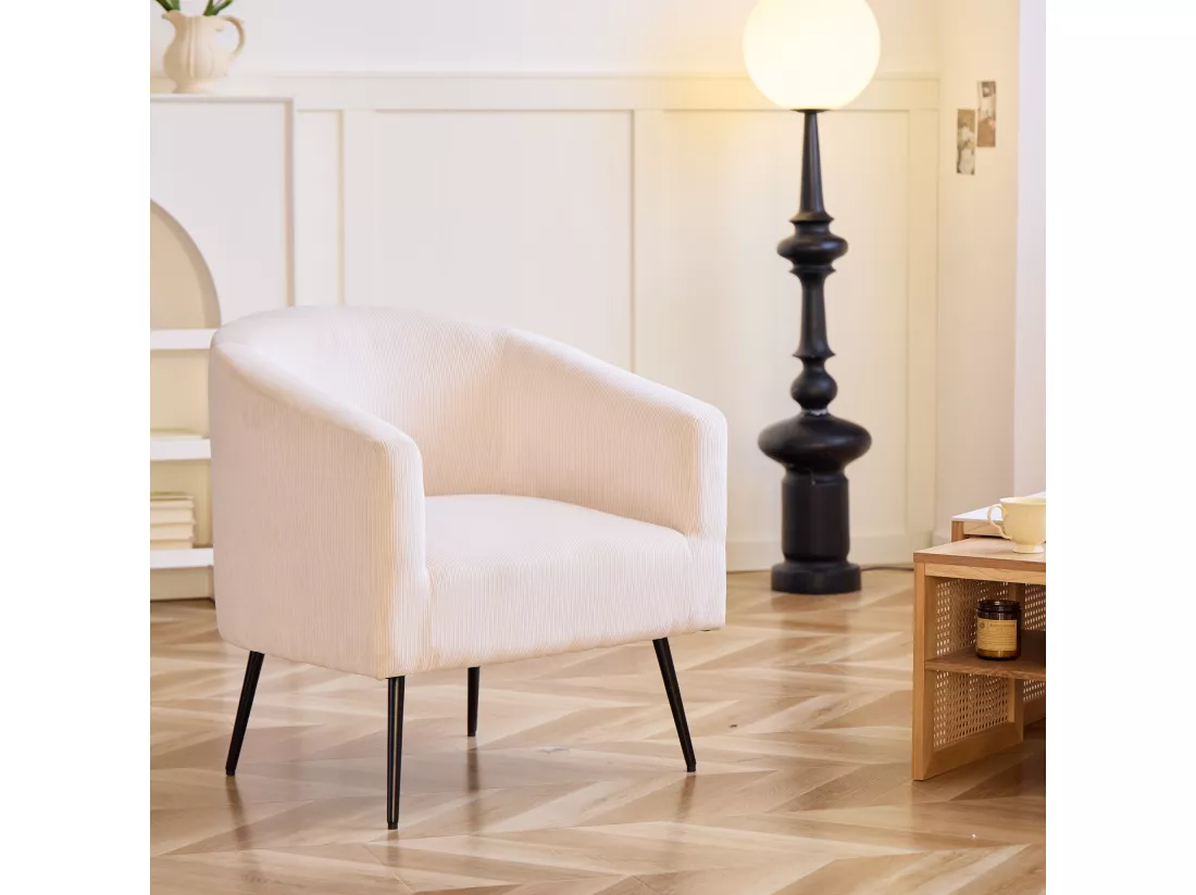 Fauteuil de salon en métal et velours côtelé beige