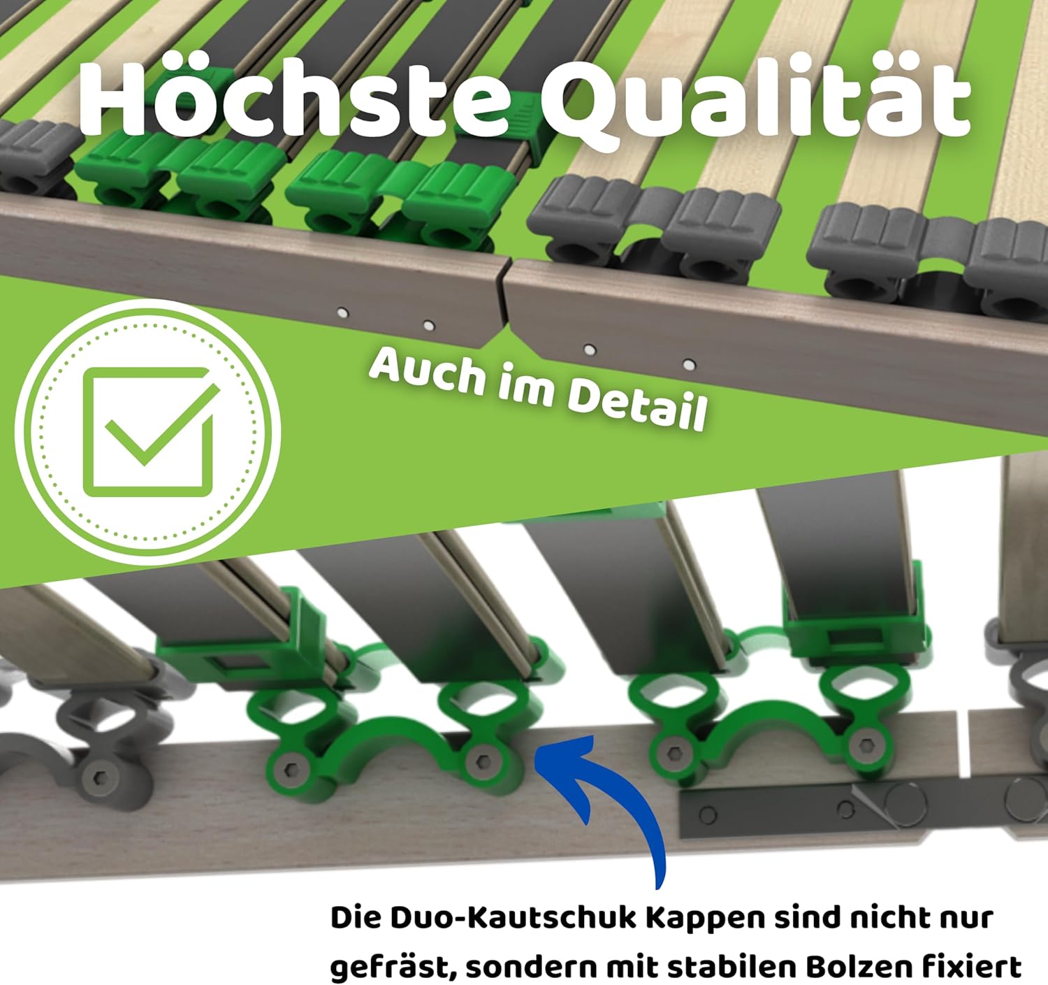 Lattenrost 90x200 cm FixSTAR, Lattenrahmen mit 7 Zonen und 28 flexiblen Federleisten aus Birke-Schichtholz in Duo-Kappen, Rahmen aus Buche - Keine Montage da KEIN BAUSATZ, bis 140 kg belastbar