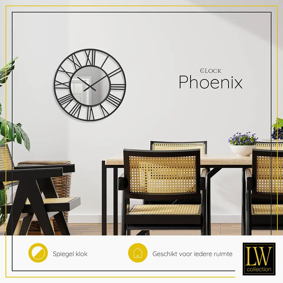 LW Collection Wandklok Phoenix zwart 60cm