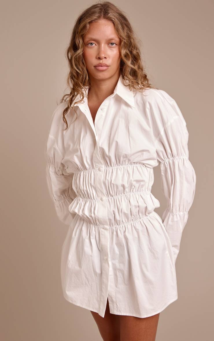 Blanc Robe Chemise Froncée À Manches Longues