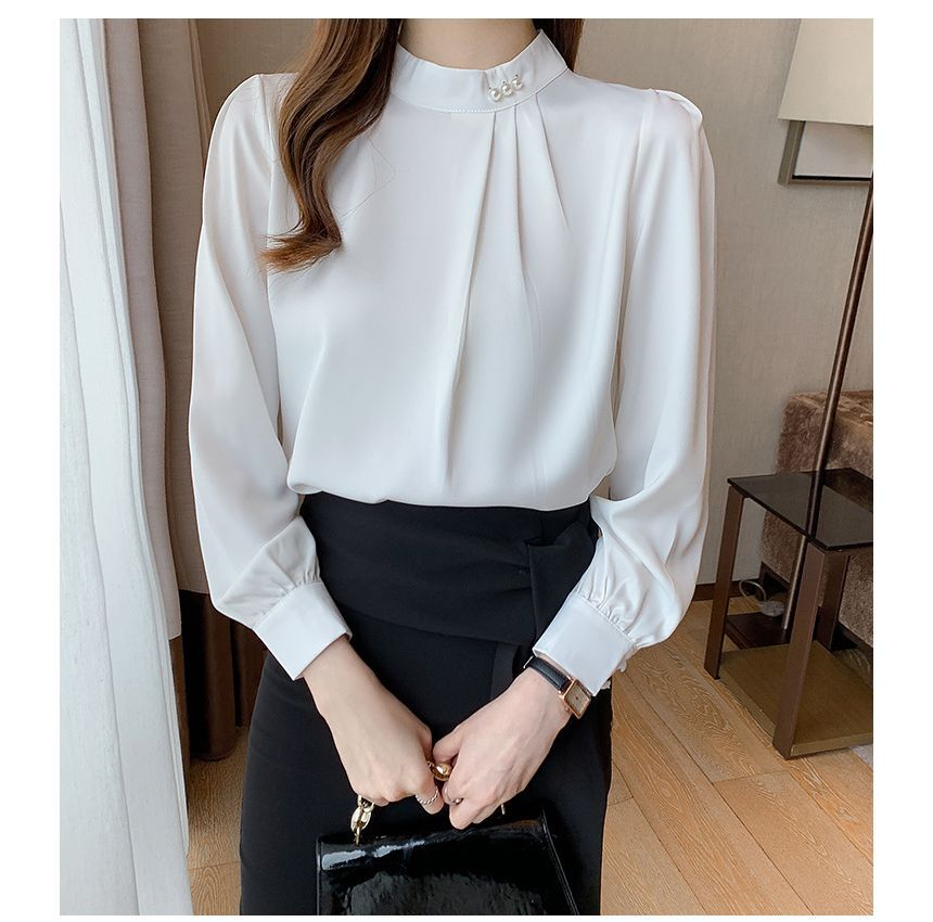 Bamela - Blouse met opstaande kraag en effen kleur