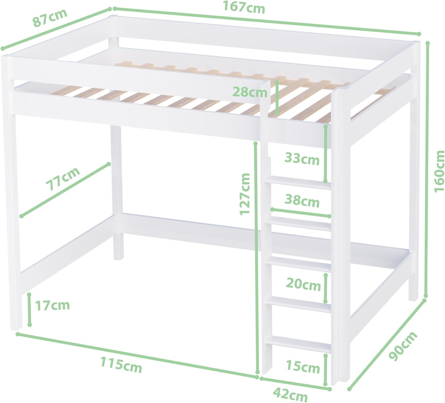 Hochbett Kinder Hugo 160x80 cm weiß I Kinderbett Kinderhochbett mit Treppe aus Holz I Hochbett für Kinderzimmer I Loft Bed ohne Matratze