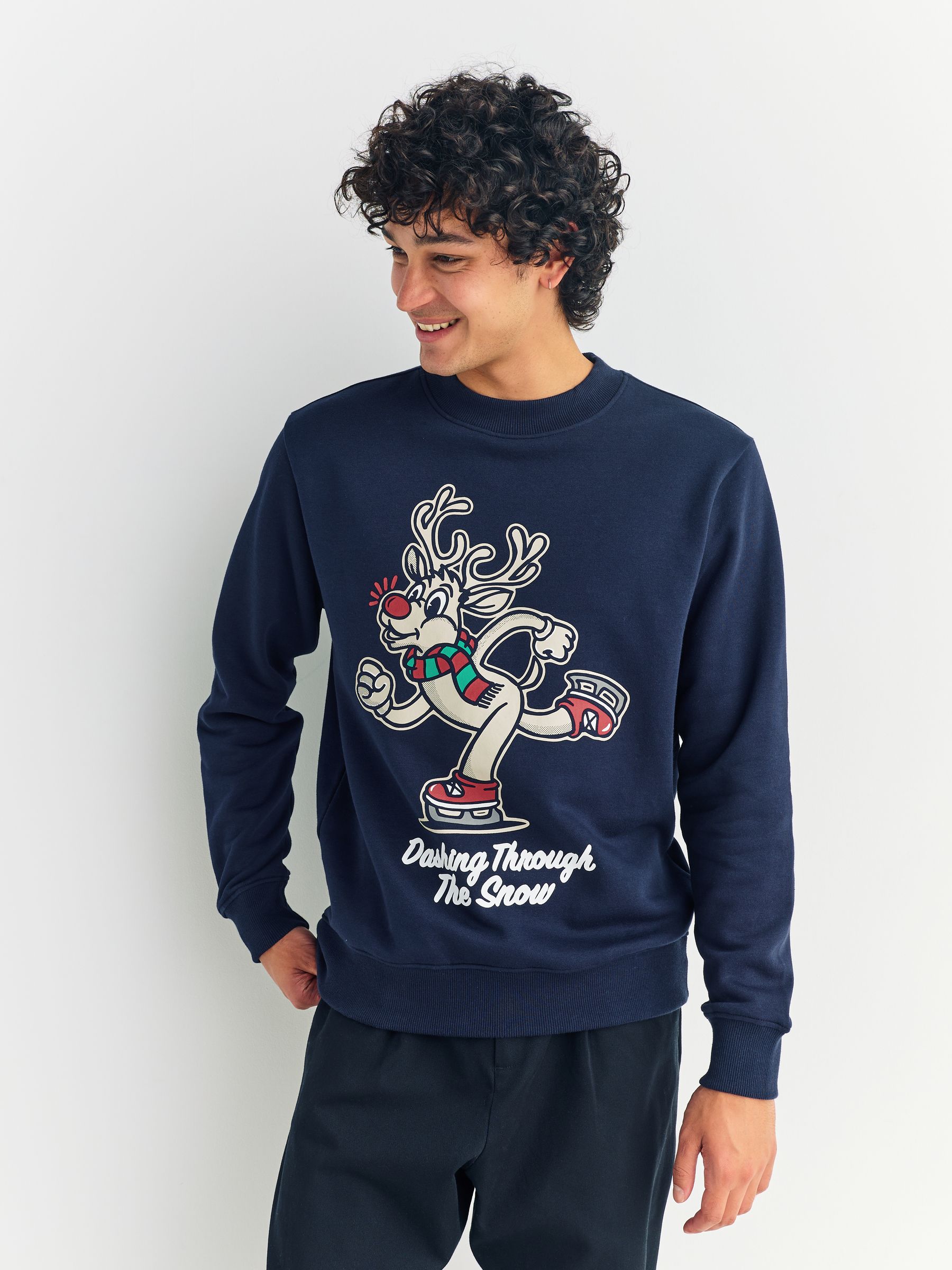 Donkerblauwe Rudolph-afbeelding - Kersttrui met patroon en ronde hals