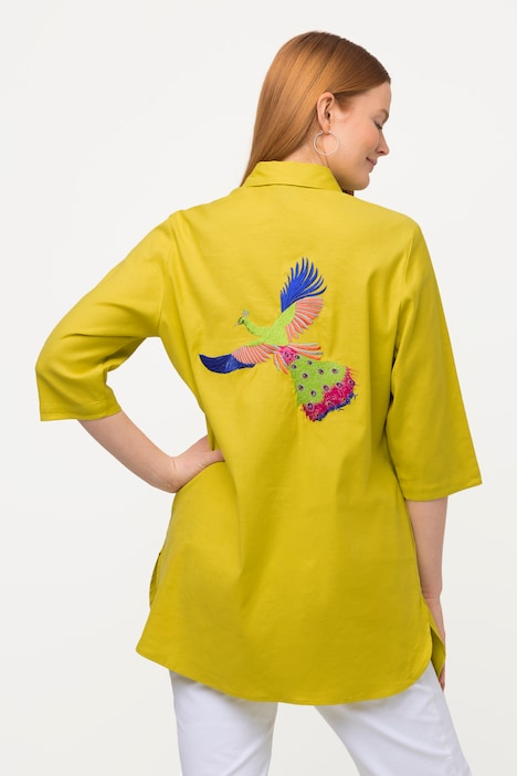 Bluse, Leinenmix, Vogelstickerei, Hemdkragen, 3/4-Arm