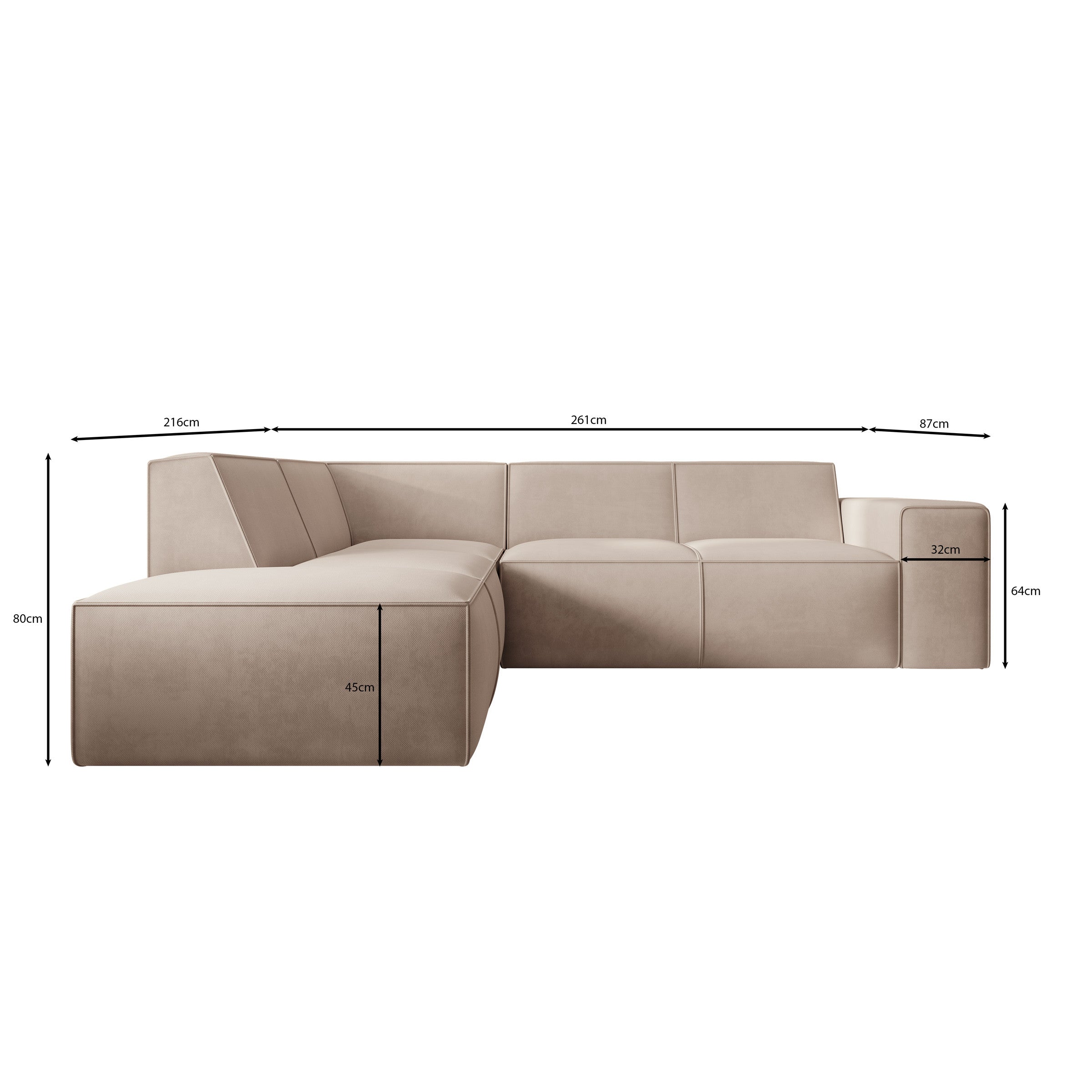 Monet - Hoekbank 4-zits met chaise longue - Stof beige - Links - 261x216x80 cm