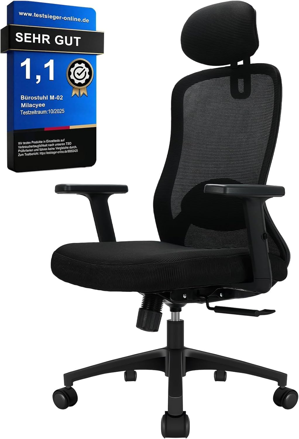 Bürostuhl, Ergonomischer Bürostuhl mit Verstellbarer 4D Lendenwirbelstütze, Schreibtischstuhl mit Kopfstütze, Drehstuhl mit 90°-130° Liegefunktion (Abschließbar), Netzstuhl bis 150KG, Schwarz