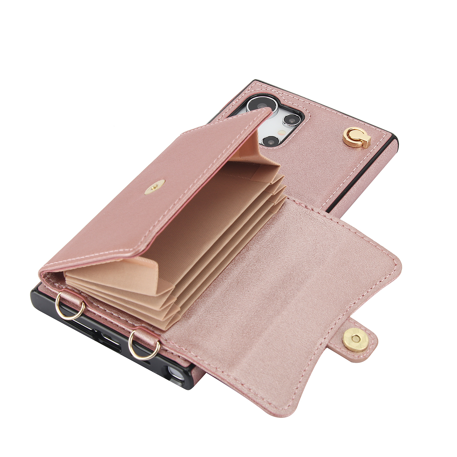 Samsung Galaxy S25 Ultra Necklace Leder Schutz Hülle mit Kartenfach   Handykette (140cm) - Roségold