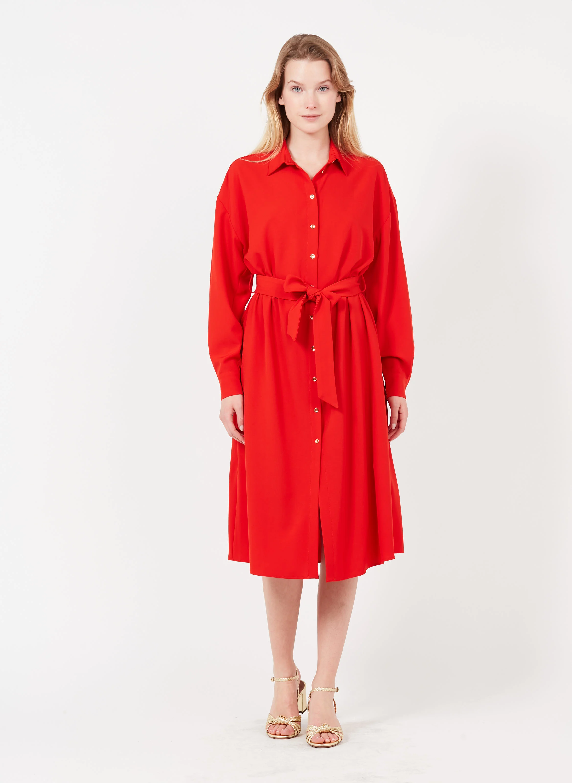 MANIEROSO - Robe midi col classique boutonnée | Rouge