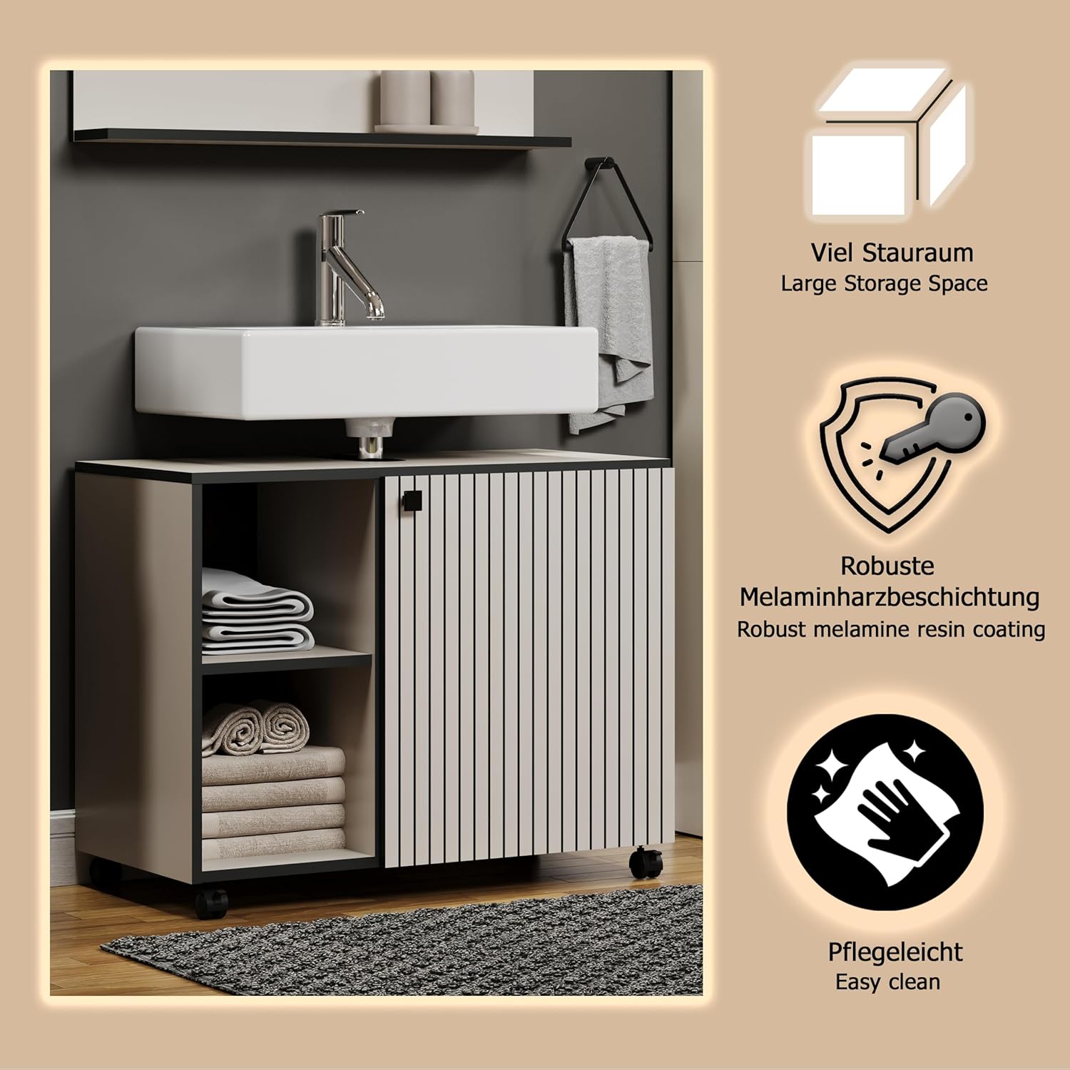 trendteam smart living - PureBliss - Waschbeckenunterschrank auf Rollen - Kashmir Hellgrau - Rillenoptik - 2 offene Fächer + 1 Einlegeboden - (BxHxT) 80 x 64 x 42cm - edle Metallgriffe