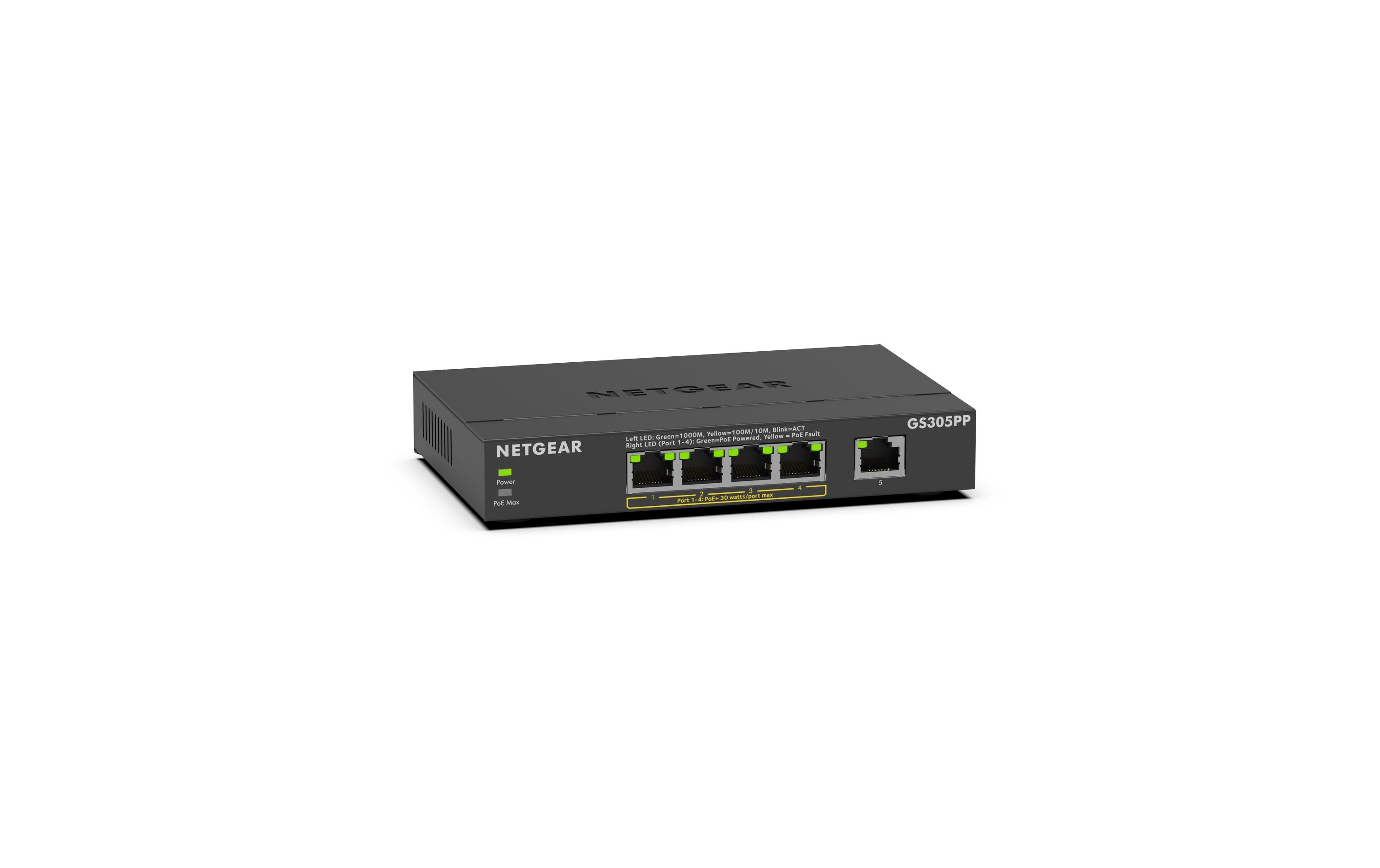PoE+ Switch GS305PPv3 5 Port, PoE Budget: 83 WKompakter, lüfterloser 5-Port Gigabit PoE++ Switch für kleine Büros, IP-Kameras und VoIP-Telefone