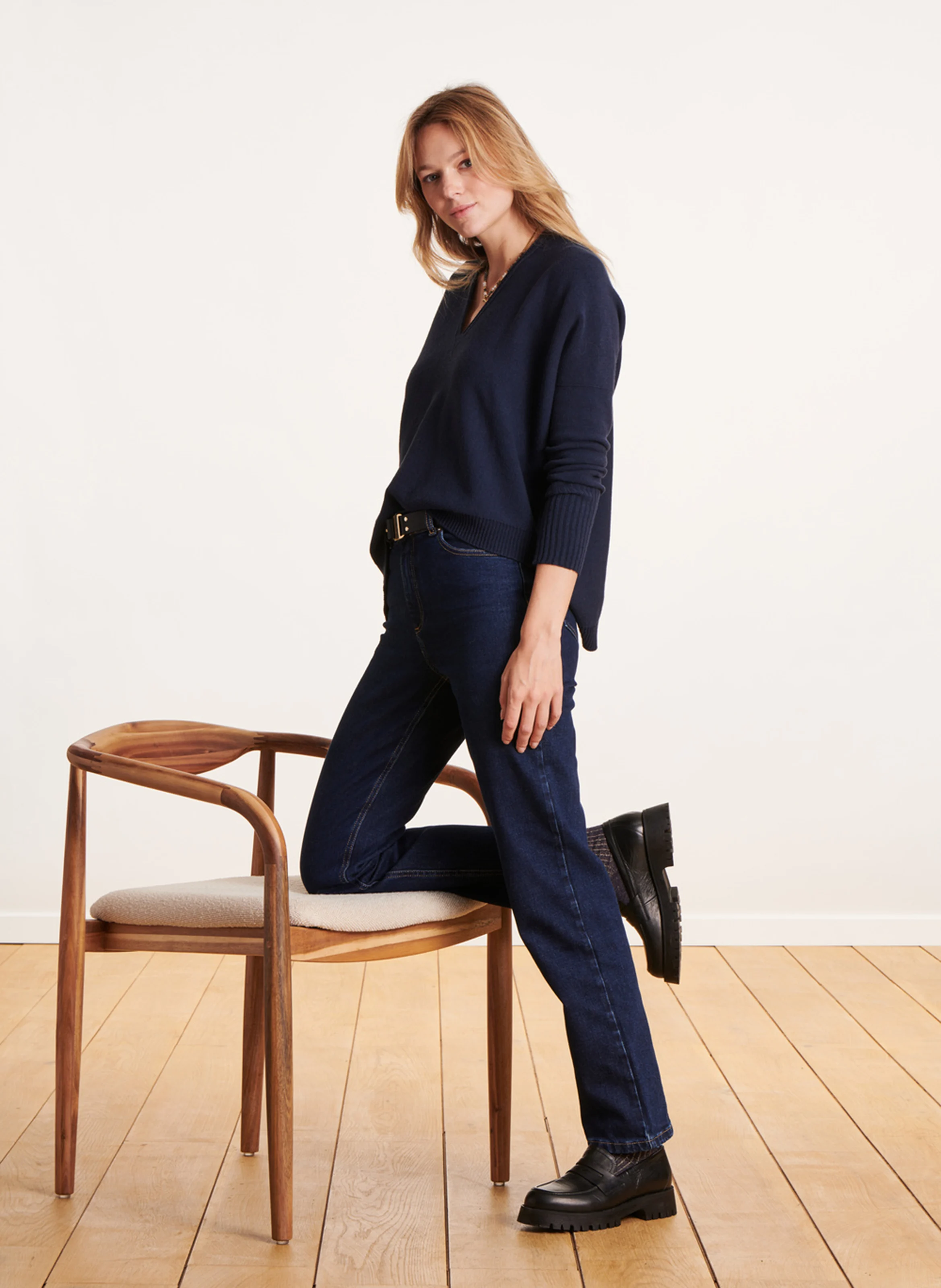 Pull col V en laine mélangée | Bleu