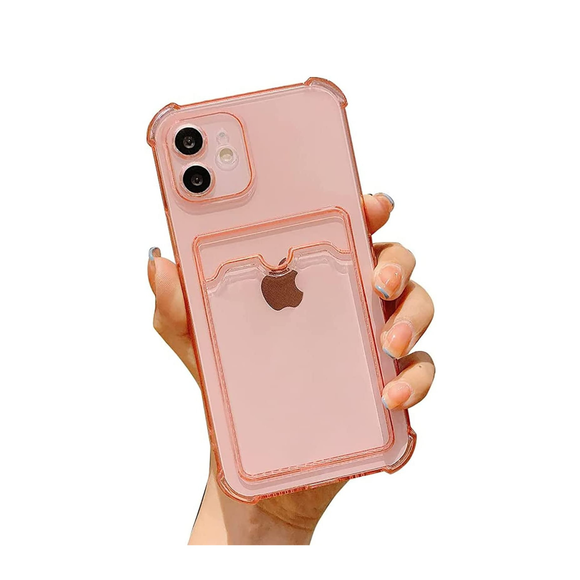 iPhone 12 Gummi Case Hülle mit Kartenfach   Air Cushion Fallschutz - Pink / Transparent