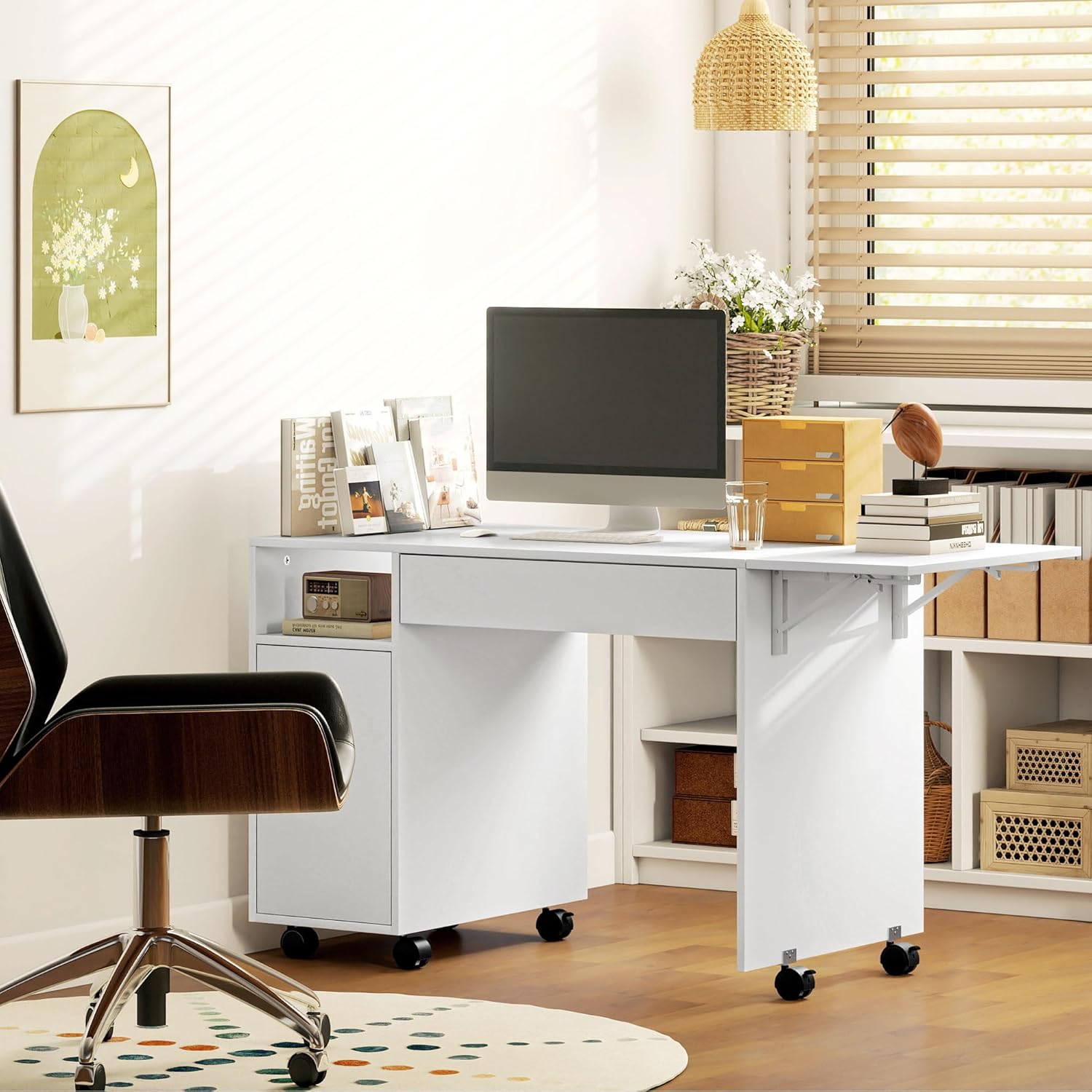 HOMCOM Schreibtisch mit Rollen, Bürotisch mit Schublade, Klappplatte und Schrank 140 x 53 x 75 cm Moderner Computertisch mit offenem Fach, Vertsellbar Regal für Büro, Wohnzimmer Weiß