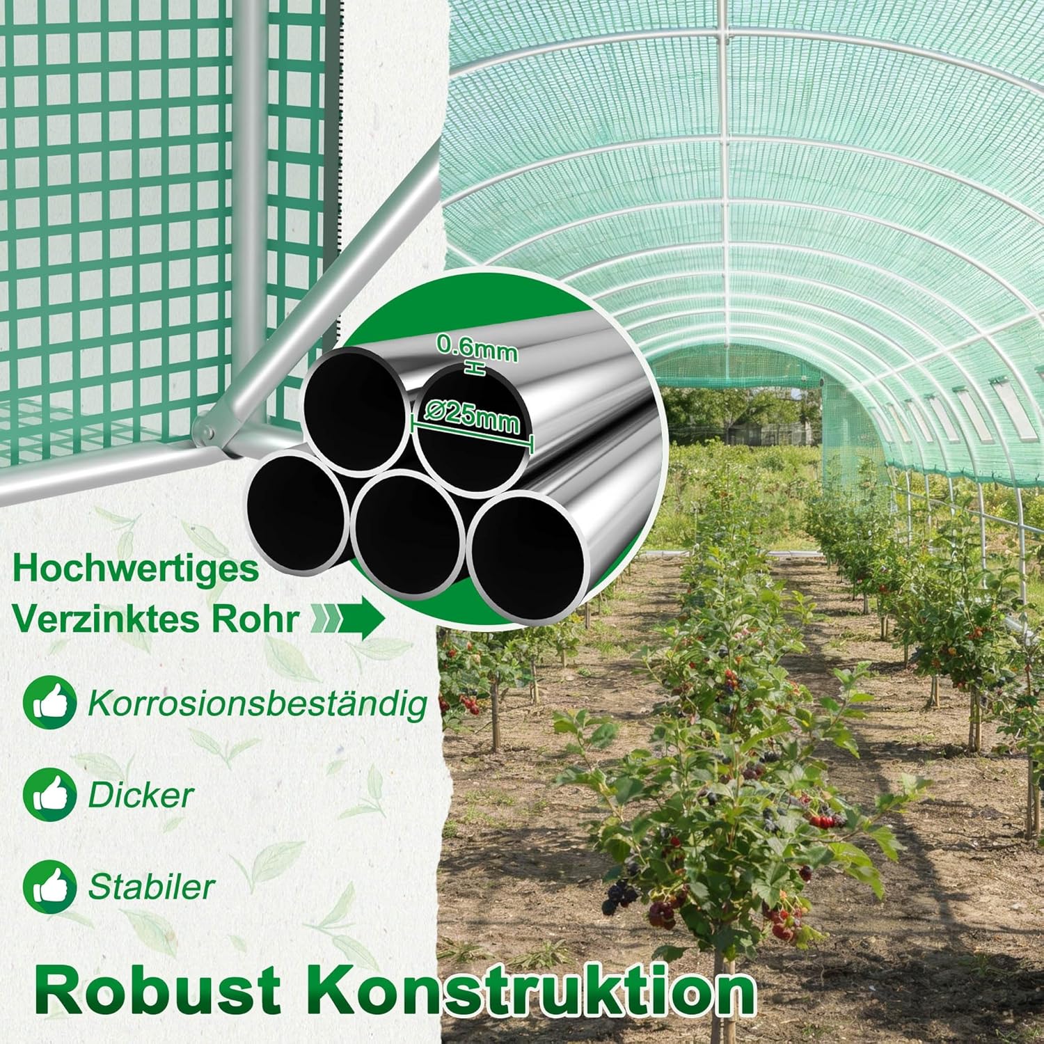 Gewächshaus 3x8 m (24 m²) – Garten Foliengewächshaus mit 16 Fenstern, UV-beständig, verzinkter Stahlrahmen, Moskitonetz, ideal für Gemüse, Tomaten, Blumen, Tomatenhaus, grün