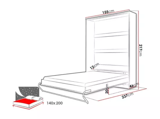 Lit escamotable Concept Pro Lenart Levfere 164, Double, Blanc, 140x200, Stratifié, 155cm