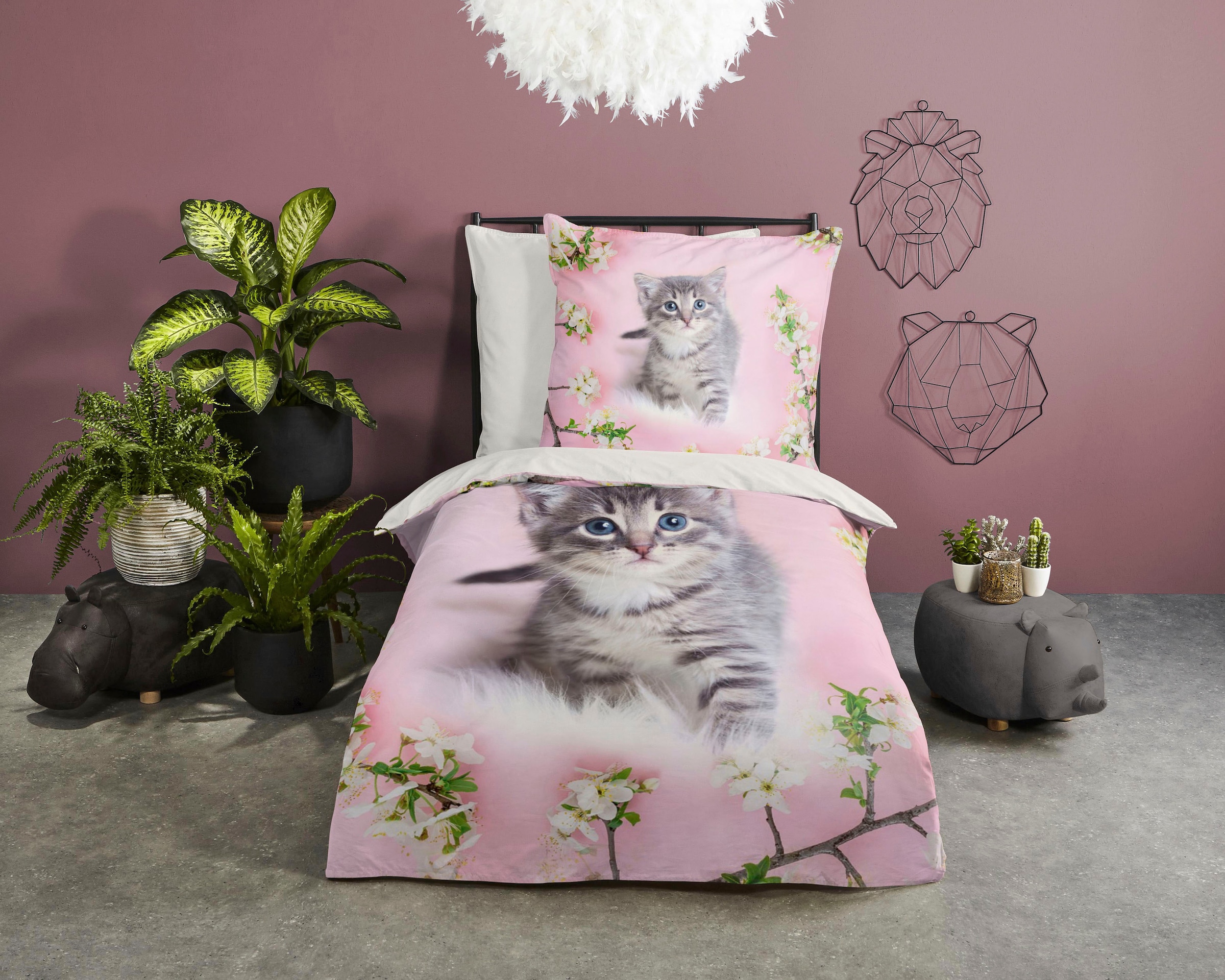 good morning Kinderbettwäsche »Pussycat« 2 Stk. tlg. Baumwolle, 135x200, Reissverschluss, Wende, Kind, Mädchen, Rosa, Katze