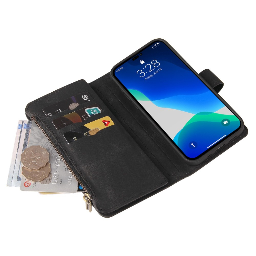 iPhone 14 Pro Leder Wallet Etui Tasche mit 13 Kartenfächern   Münzfach - Schwarz
