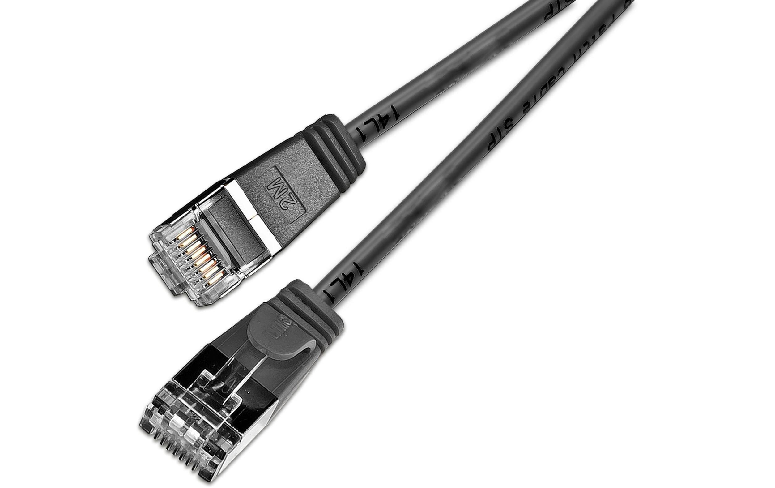 Slimpatchkabel RJ-45 - RJ-45, Cat 6, U/FTP, 7.5 m, SchwarzGeschirmtes Cat 6 Twisted-Pair-Kabel (U/FTP) mit Klinkenschutz
