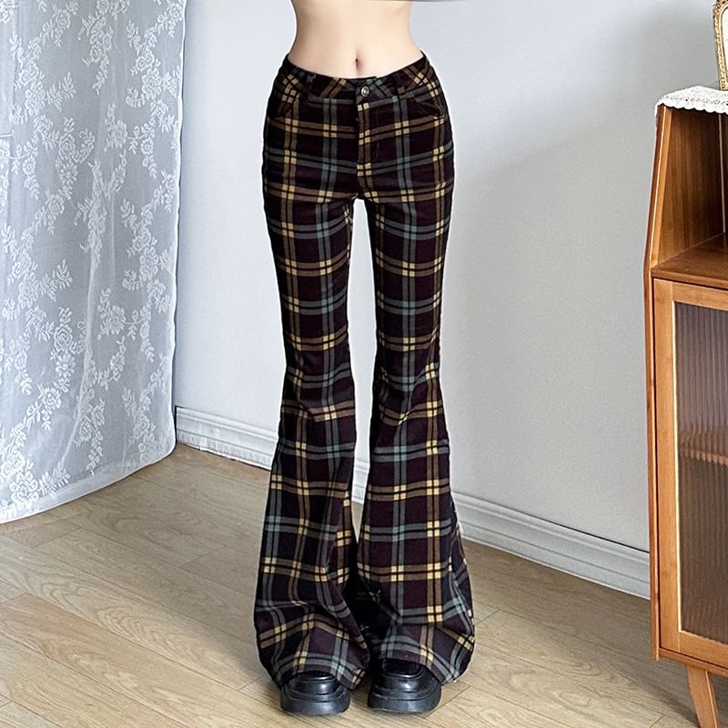 GAGAO - Middelhoge geruite corduroy uitlopende broek