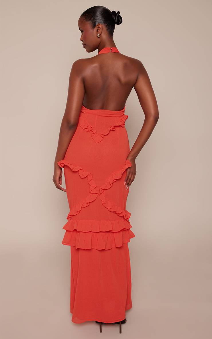 Orange Robe Longue Dos Nu À Volants Et Col Licou