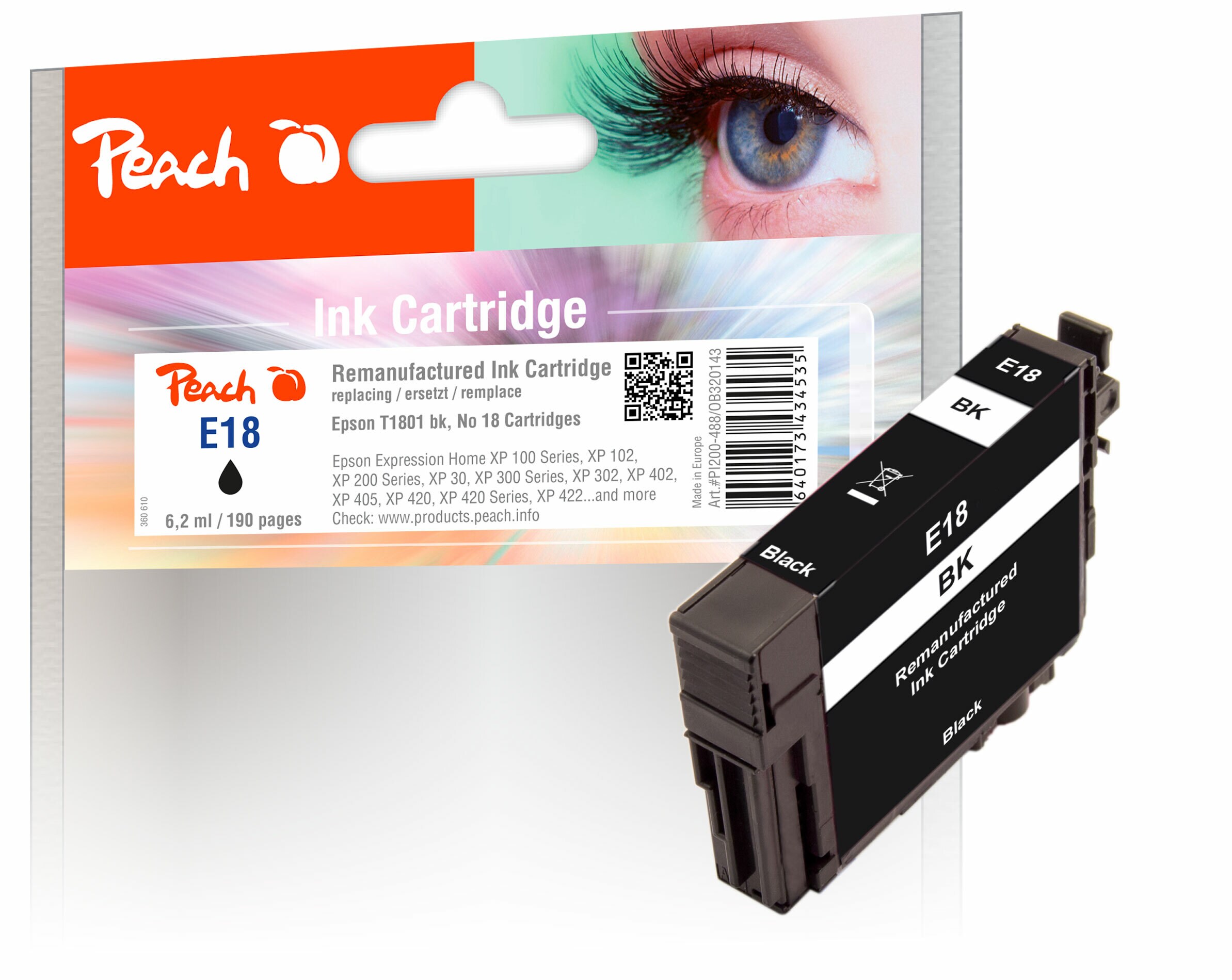 Peach E18 bk Druckerpatrone bk ersetzt Epson No. 18 bk, C13T18014010 für z.B. Epson Expression Home XP -100, Epson Expression Home XP -102 (wiederaufbereitet)
