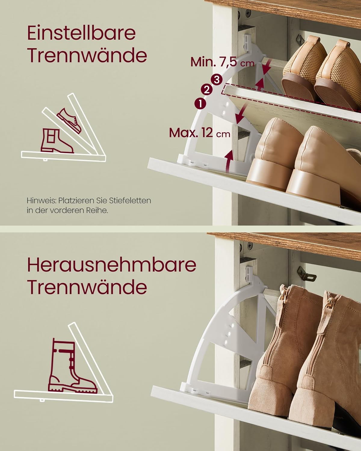VASAGLE LIRY Kollektion - Schuhschrank 3 Klappen, Schuhkipper, freistehendes schmales Schuhregal, für Eingangsbereich, Landhausstil, für 18-24 Paar Schuhe, vintageweiß HSC301W02