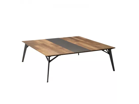 MADISON - Table basse carrée 120x120cm bois Teck recyclé métal et pieds métal noir