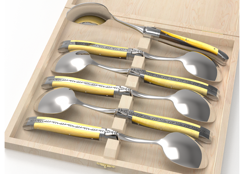 Service de 6 petites cuillères Laguiole avec un manche en bois de pistachier et mitres en acier inoxydable