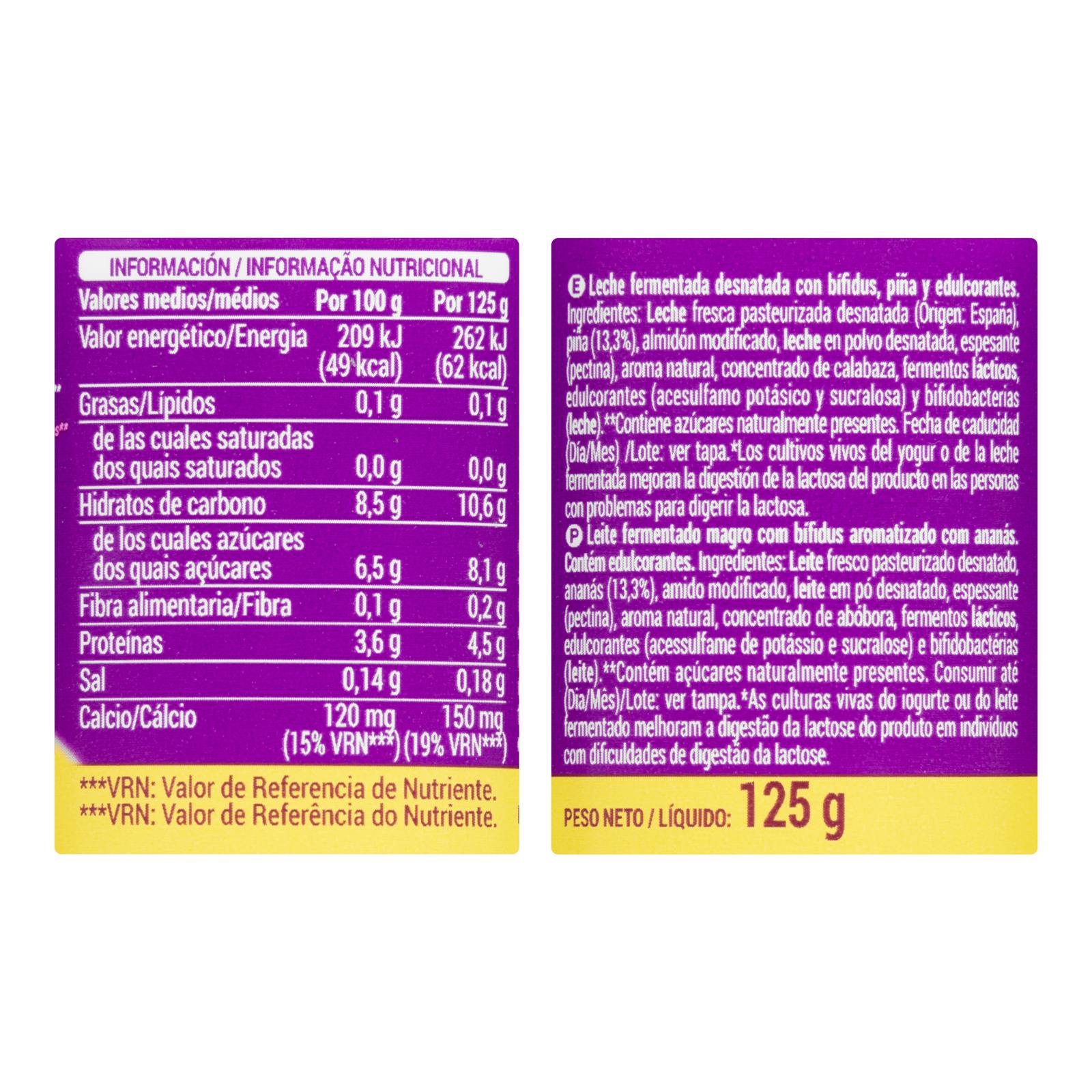 Bifidus écrémé probiotique Hacendado à l'ananas 0% mg 0% sans sucres ajoutés