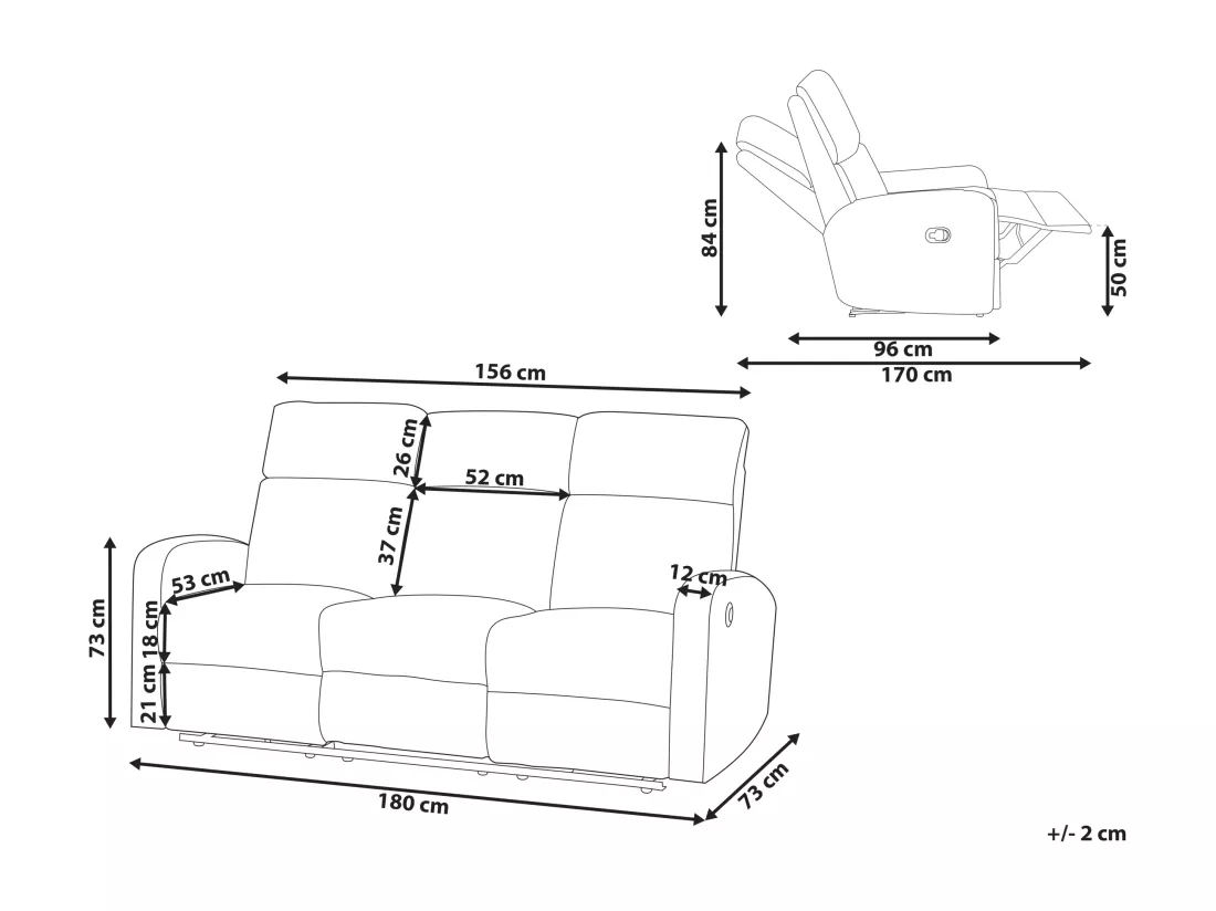 Canapé 3 places inclinable manuellement en velours beige VERDAL