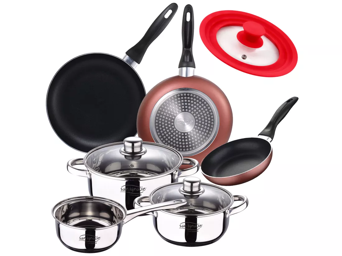 Set de 5 pièces en acier inoxydable : casserole Ø16x7,5 Poêles Ø18x8,5 et Ø20x9,5 cm, induction + Set de 3 poêles à frire Ø16/20/24 cm, aluminium pressé, adapté à l'induction + Set de 3 poêles à frire Ø16/20/24 cm, aluminium pressé, adapté à l'induct