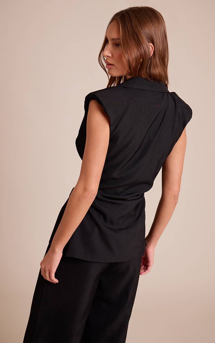 Noir Délavé Ensemble Coordonné Gilet Cintré Taille Froncée Épaulettes Tissu Tissé