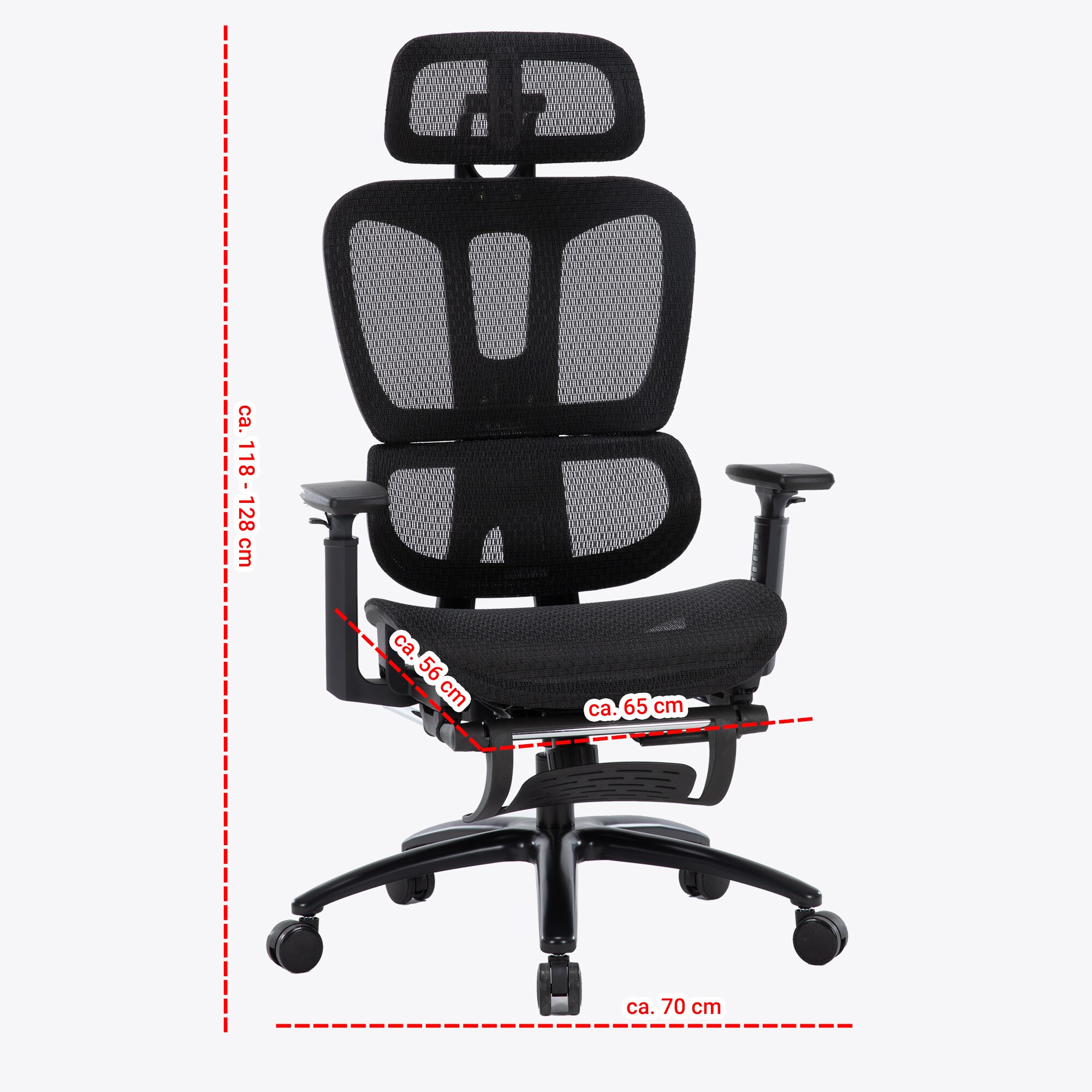 Bürostuhl in moderner Mesh-Optik mit Fußstützeergonomischer Drehstuhl mit Nacken und Lordosenstütze - Gamingstuhl mit atmungsaktiver Netzrückenlehne und Wippfunktion