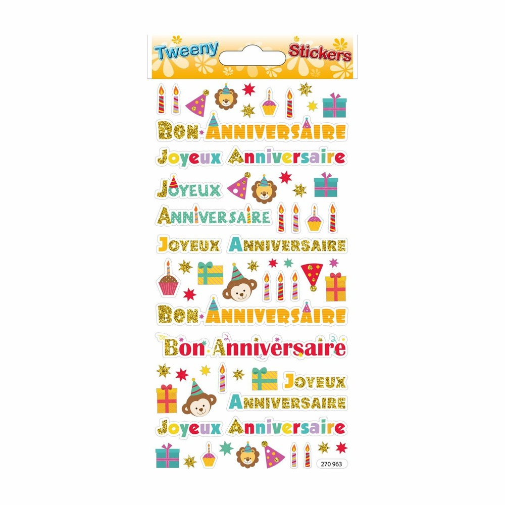Autocollants réutilisables - relief 3d - 'joyeux anniversaire' - paillettes dorées