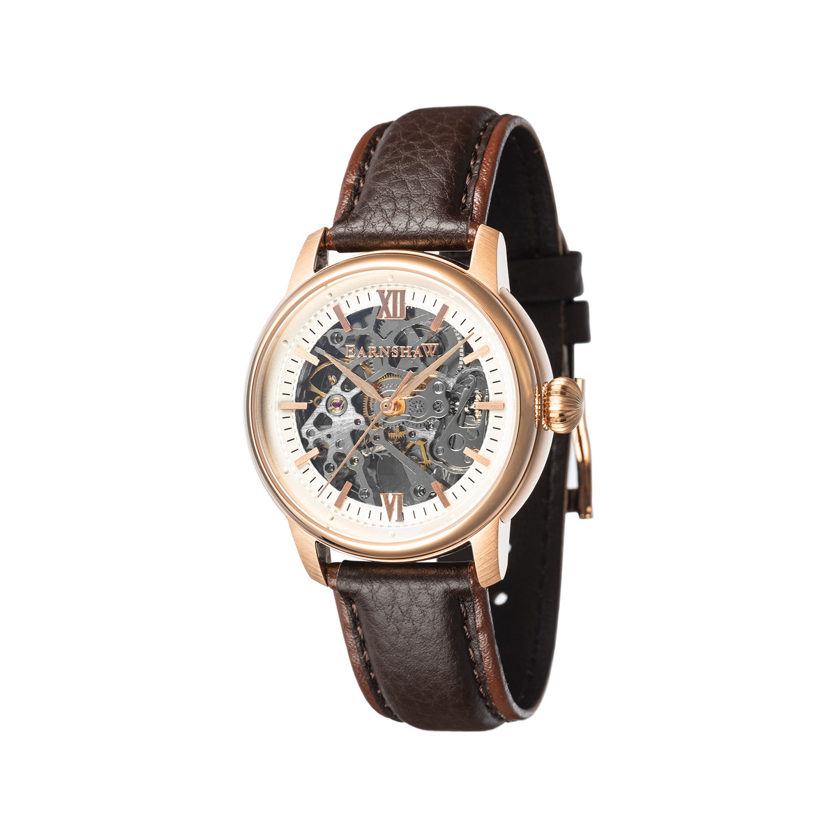 Montre EARNSHAW Cornwall homme automatique acier doré rose bracelet cuir marron