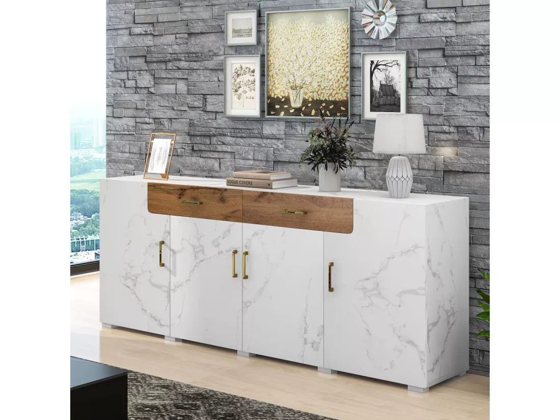 Buffet blanc effet marbre 4 portes 2 tiroirs 208x39,5x80cm ELAD