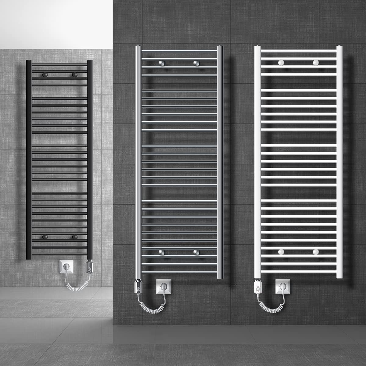 ECD Germany Badheizkörper Elektrisch 300 x 800 mm Anthrazit gerade mit Seitenanschluss inkl. Heizstab 600W ECO Chrom - Heizkörper Heizung Handtuchwärmer Handtuchtrockner Handtuchheizkörper