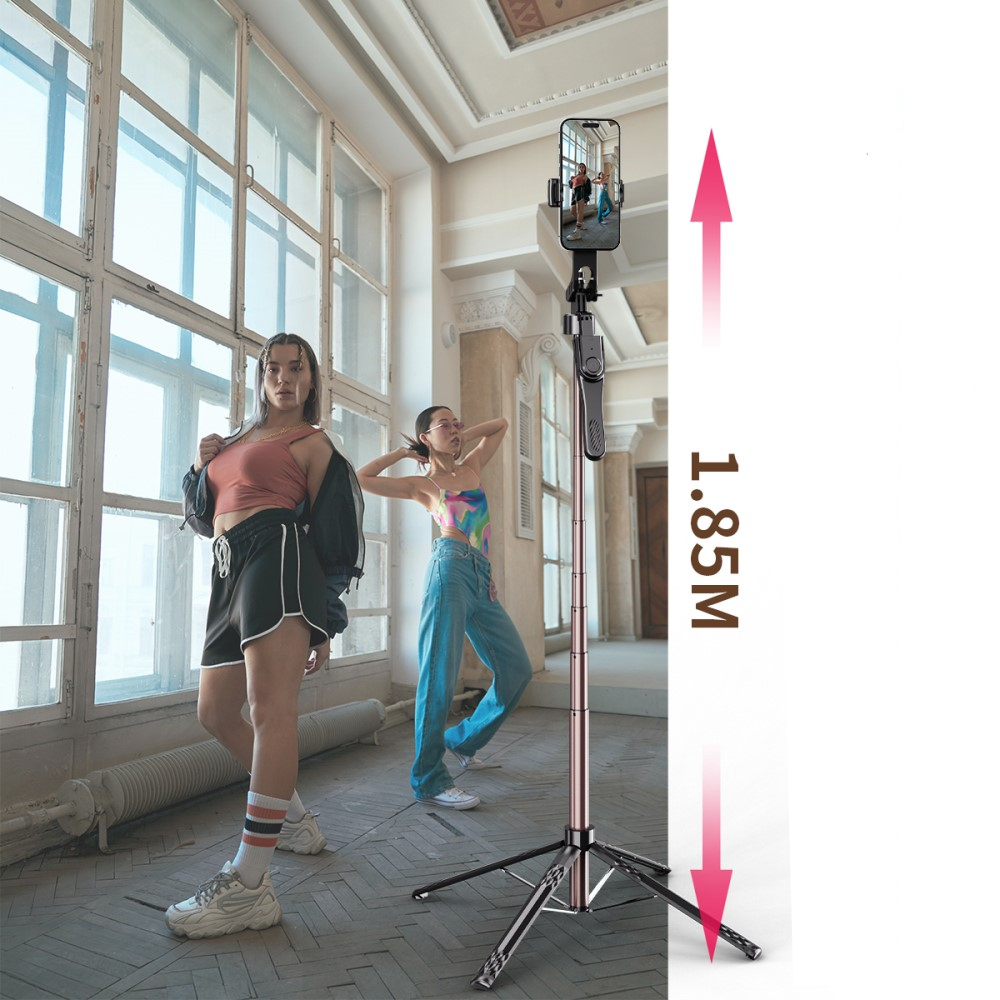 (185cm) Alu Selfie Stick Tripod Vierbein Stativ Halterung mit Handgriff und Dual LED Beleuchtung   Bluetooth Fernauslöser für Smartphone - Schwarz