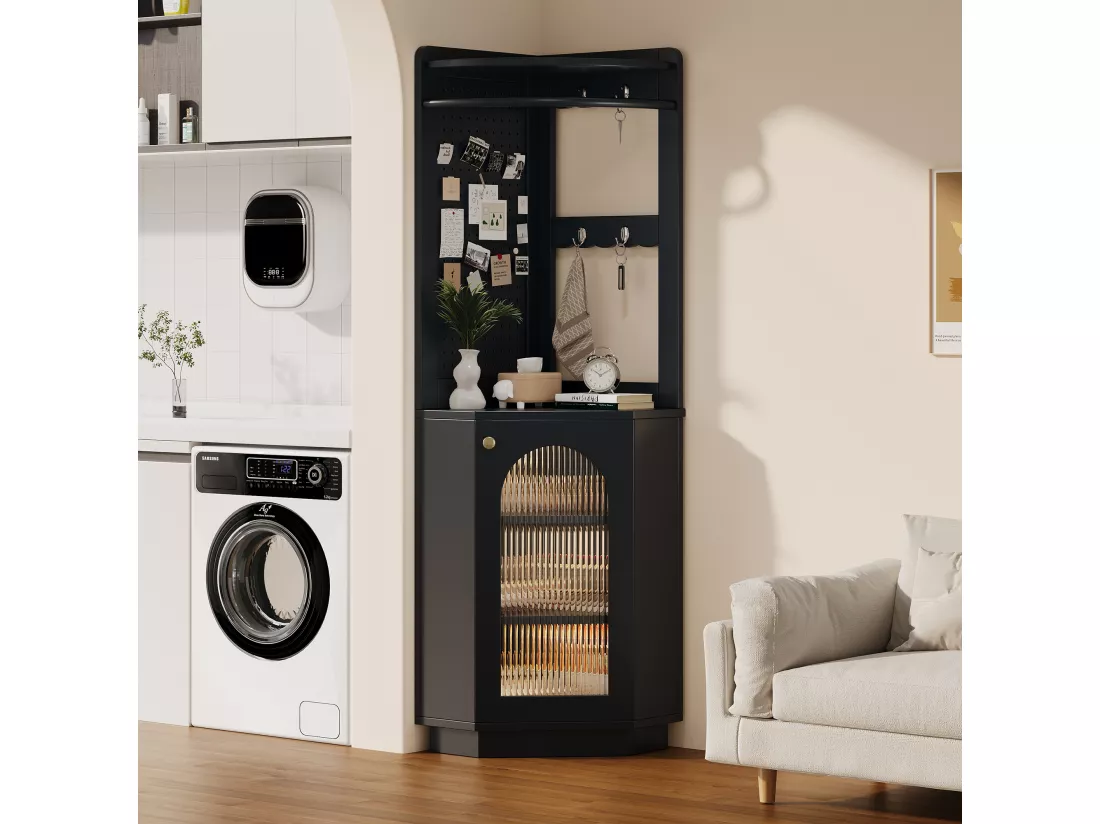 Colonne d'angle de salle de bain - 1 portes et crochets - 45x 45 x 166,5 cm - LEDs - MDF - Noir