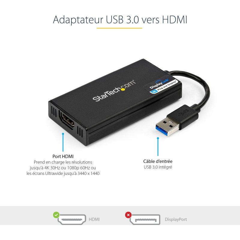 StarTech.com Adaptateur vidéo multi-écrans USB 3.0 vers HDMI - Carte graphique externe certifié DisplayLink - Ultra HD 4k